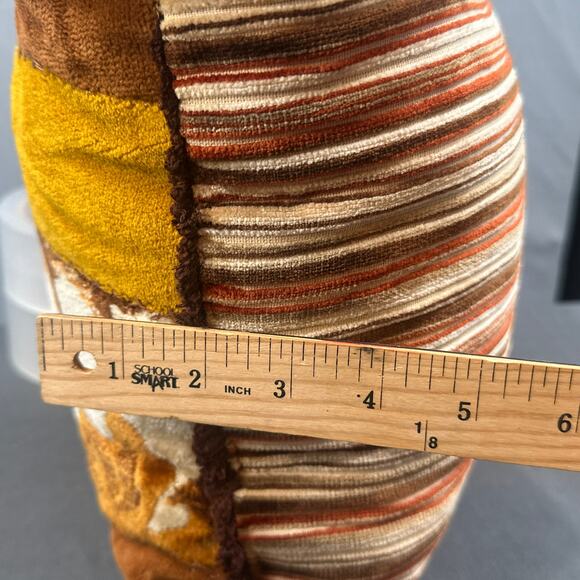 VTG Patchwork Throw Pillow 14” Brown Orange Yellow Striped Retro Boho Velour 70s - Picture 14 of 16